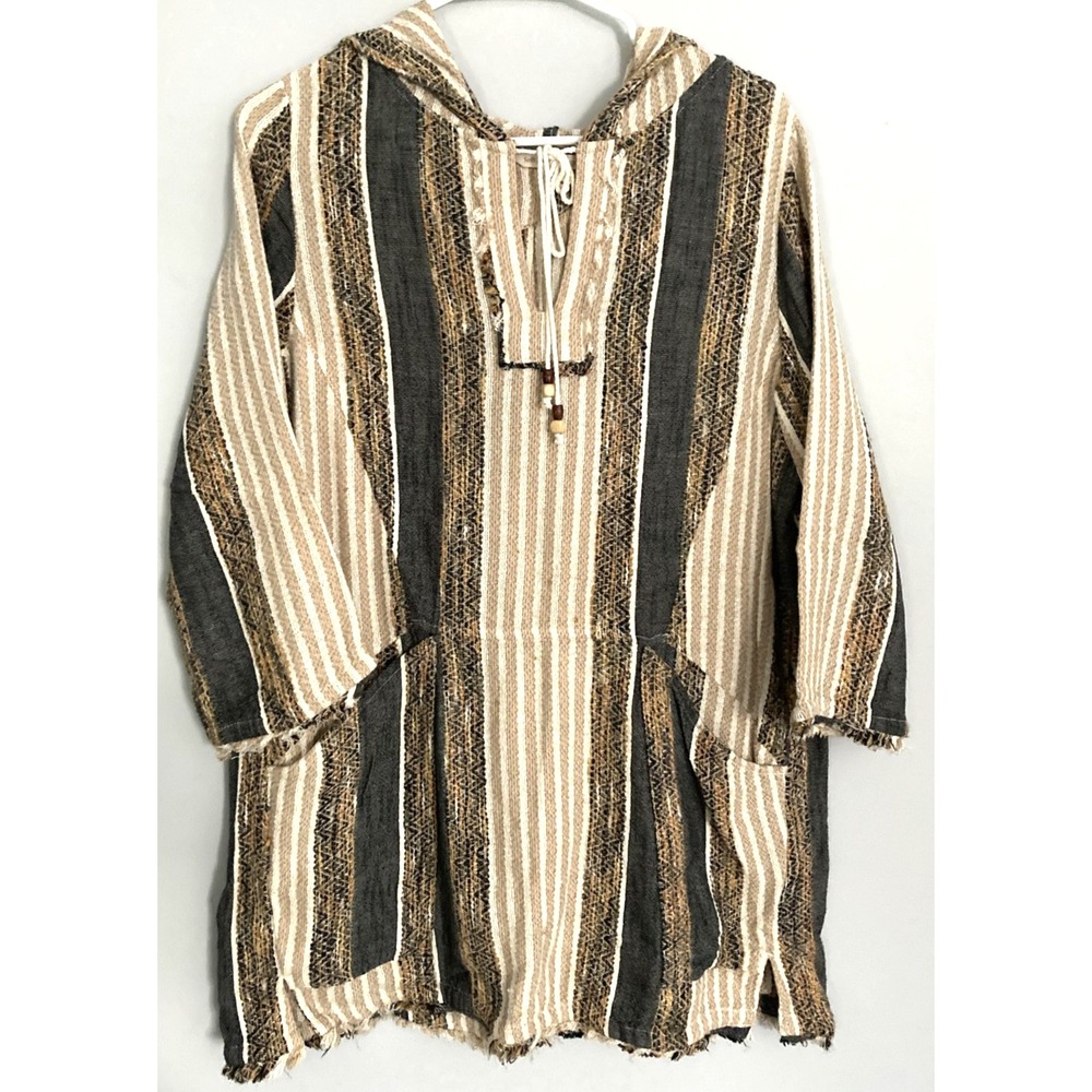 Soft Surroundings Shirt Women M Striped Hooded Tunic Top Boho Pockets Neck Ties